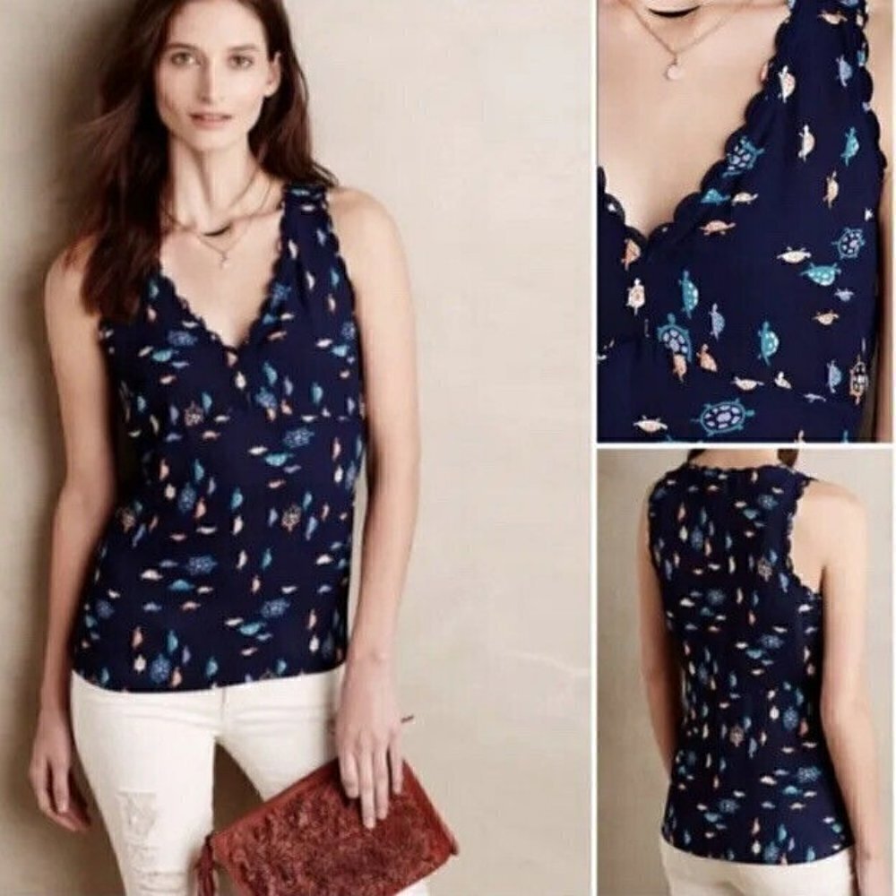 Anthropologie Maeve Turtle Terrapin Print Scalloped Trim Tank Top 2